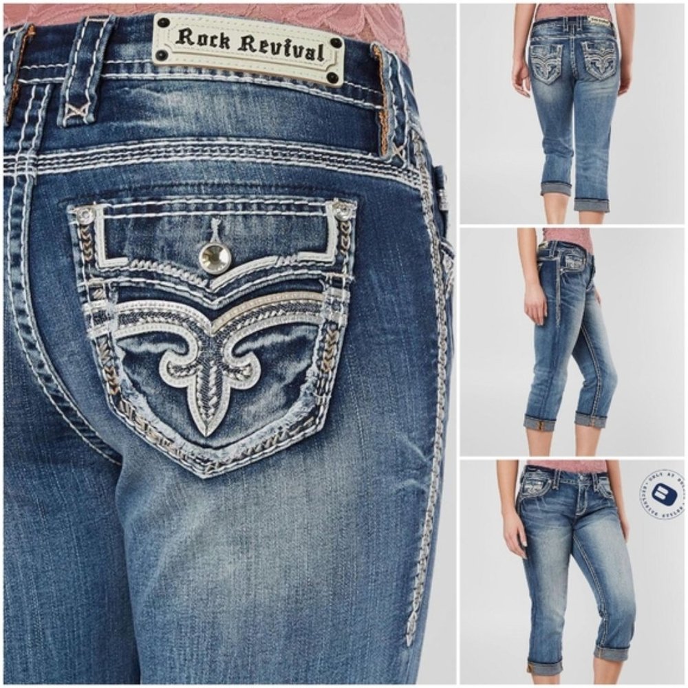 🎸ROCK REVIVAL🤘 PRIYA MID-RISE EMBROIDERED EASY CROP CAPRI JEANS Size 28